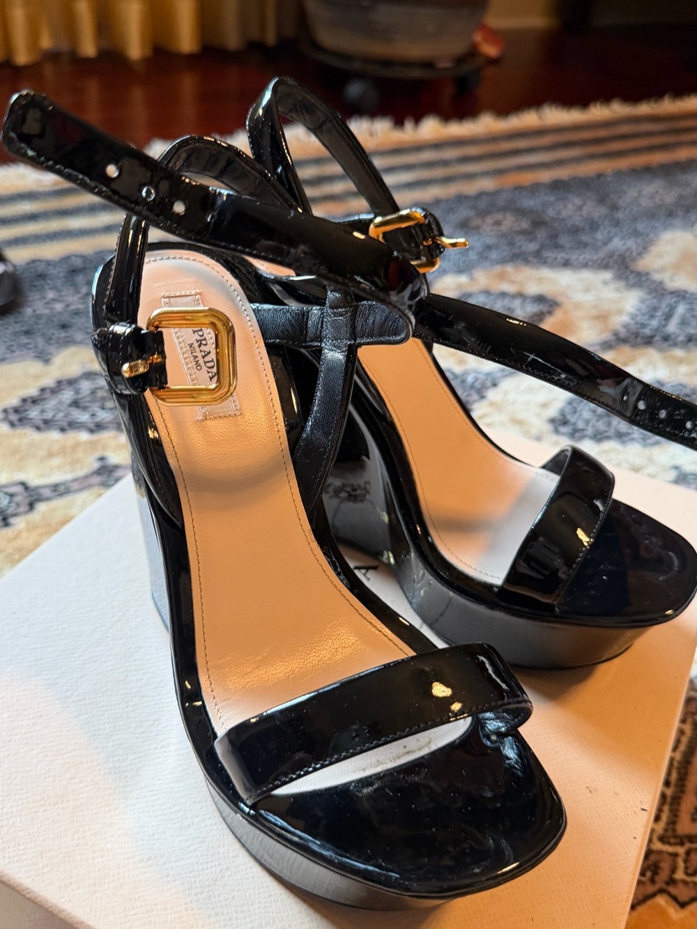 Prada Black Patent Leather Platform Sandal Heels with Gold Buckles